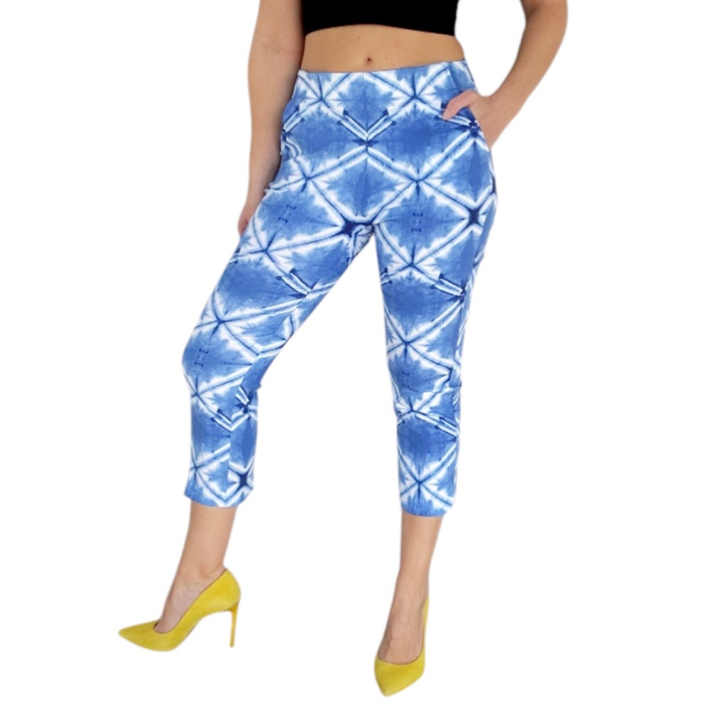 Patchington blue geometric abstract print cropped capri stretch pants size 2